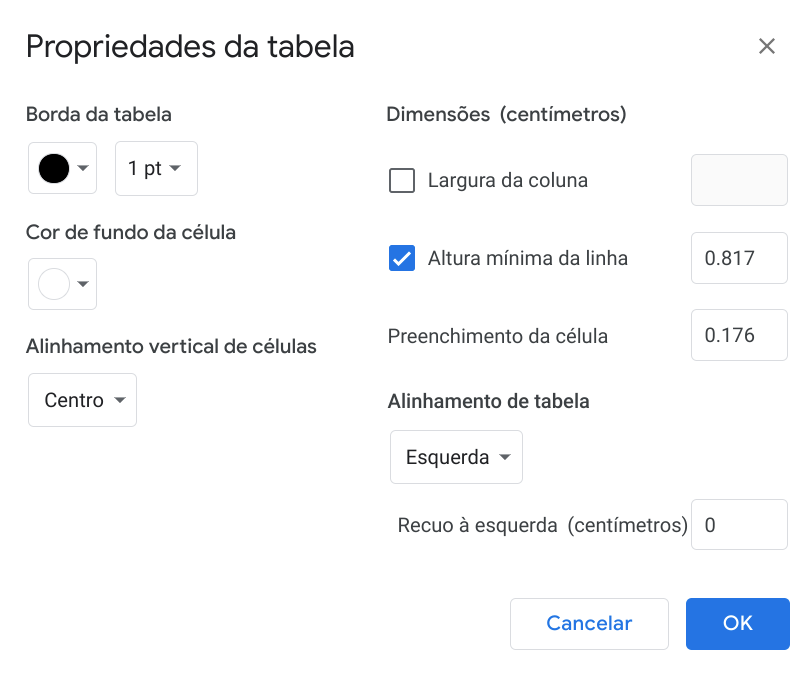 Alinhamento Básico de Tabelas no Google Docs